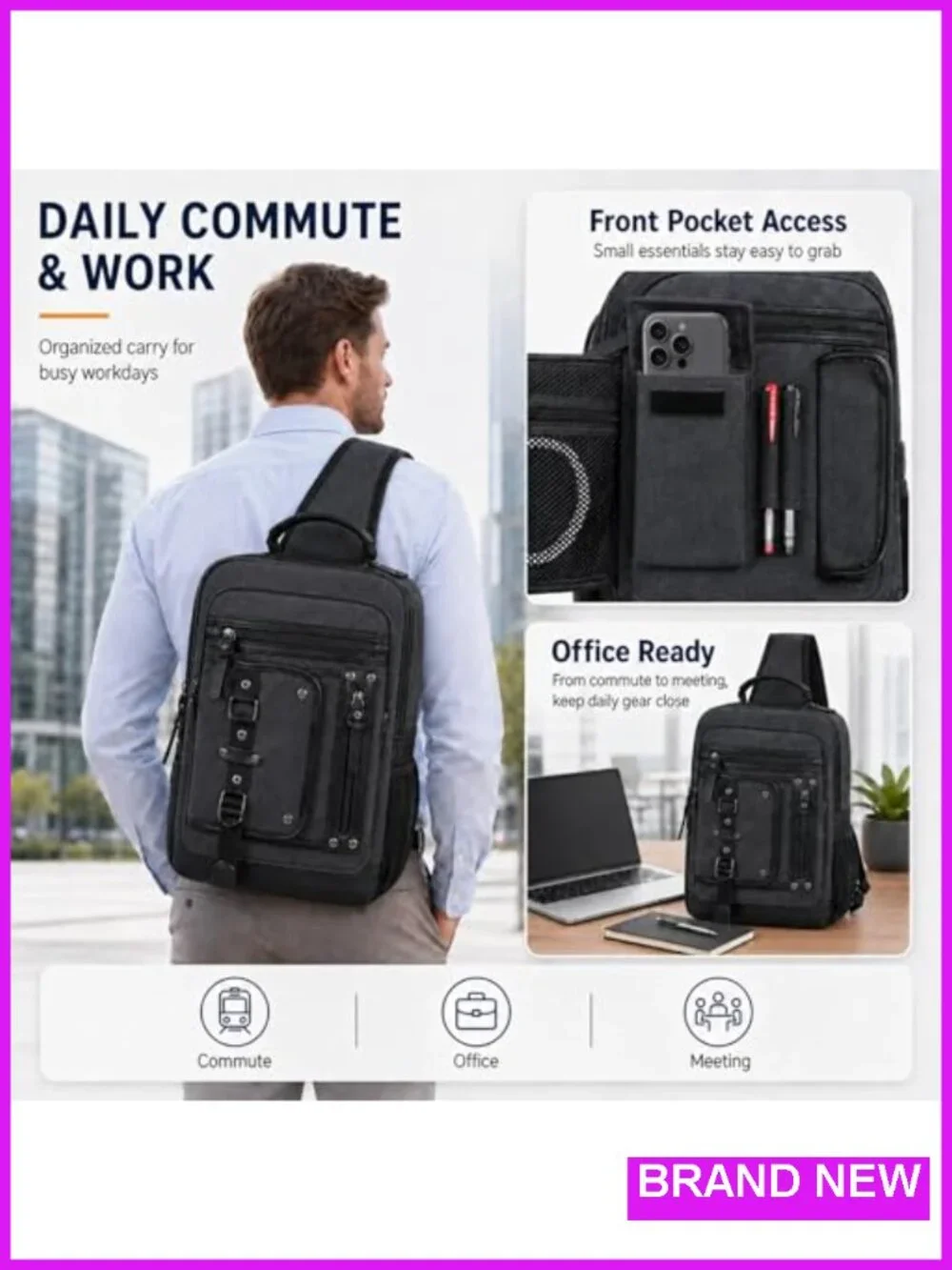 Large Canvas Sling Backpack Crossbody Bag for Men Fits 15.6 Inch Laptop Work